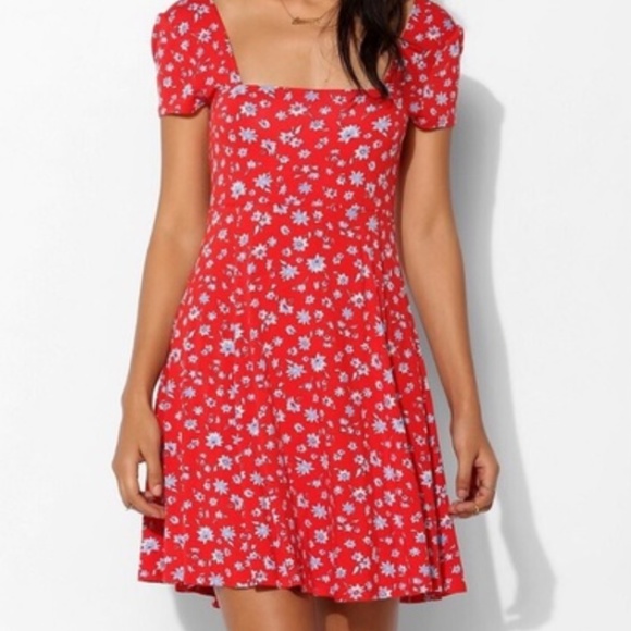 red and blue floral dress